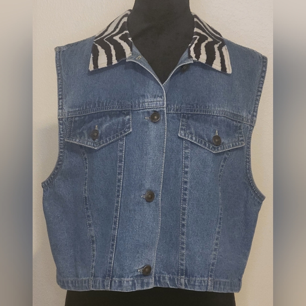 Vintage Studio Wear Denim Sleeveless Vest with Zebra Collar